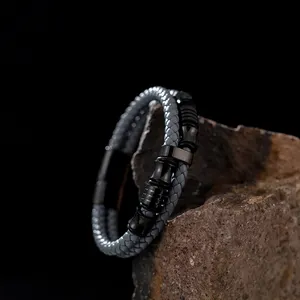 Pulsera trenzada doble para hombre, brazalete de cuero negro y dorado, acero inoxidable