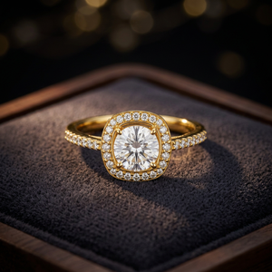 Anillo de compromiso de moissanita chapado en oro con engaste pavé, corte cojín brillante, de lujo y a la moda para mujer - Product Image 2