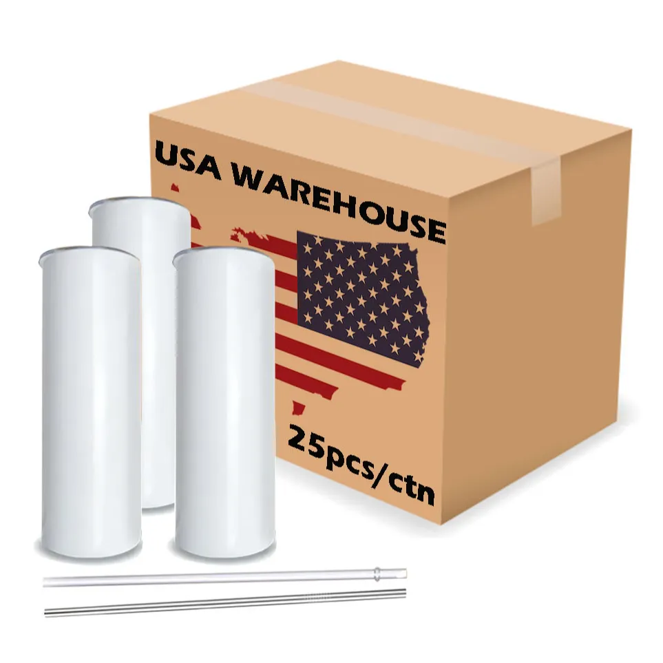 USA Lager 20oz dünne weiße gerade Sublimation rohlinge Edelstahl becher mit Strohhalmen