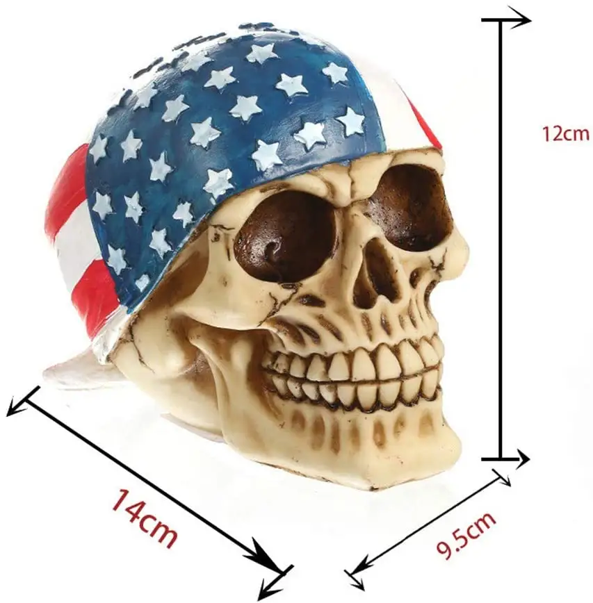 American Flag Skull Figurine USA Bandanna Human Skull Decor Skeleton Head Sculpture Statue.