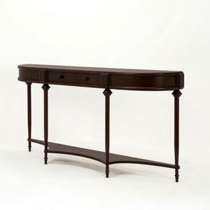 Table console en bois noir Beaumont Demilune, deux tiroirs, pieds tournés, table de canapé classique courbée, meubles de salon, décoration - Product Image 1