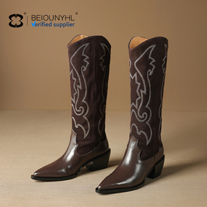 <strong>Brown</strong> Genuine Leather New Arrival Women Square Toe Chunky <strong>Heel</strong> Knee-<strong>High</strong> Embroidery Cowgirl Western <strong>Boots</strong> Zip EVA Autumn/Winter - Product Image 5
