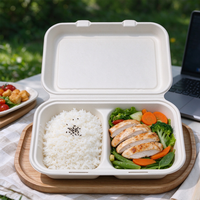 Boîte à lunch biodégradable en bagasse, conteneur à clapet à 2 compartiments avec couvercle, emballage alimentaire jetable pour restaurant à emporter