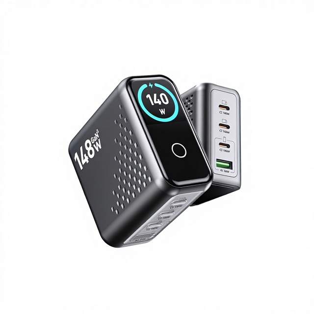 Advanced 140W GaN Desktop Charger 4-Port PD3.1 USB-C Fast Charging Station with Smart LCD Screen for MacBook Pro Laptop and PC