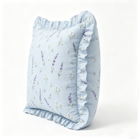 Housse de coussin décorative 100 % coton bleu pâle à imprimé floral lavande avec volants pour canapé, chambre à coucher, décoration intérieure – Vente en gros