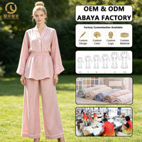 Ensemble deux pièces musulman rose poudré OEM, tenue modeste, haut kimono, pantalon large, broderie florale, robe de l'Aïd, tissu personnalisé