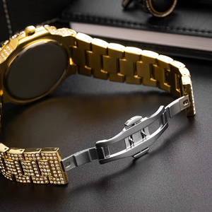 Hot Selling fashion Luxury Gold-Tone Full Diamond Encrusted <b>Watch</b> Arabic Numerals Dial Gold Steel Band Men's Hip Hop Wristwatch - Product Image 5