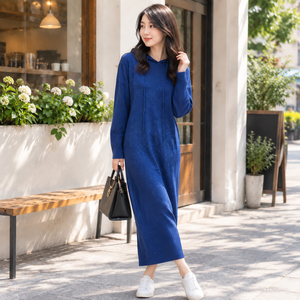 Robe pull maxi en tricot bleu pour femme, à capuche, manches longues, décontractée, pour l'automne, couleur unie, coupe ample, longueur totale - Product Image 5