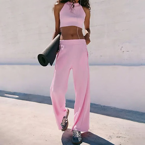 Costume da bagno estivo personalizzato di alta qualità canotta Skinny e gamba larga due pezzi Set Crop Top elastico pantaloni da Jogger - Product Image 5