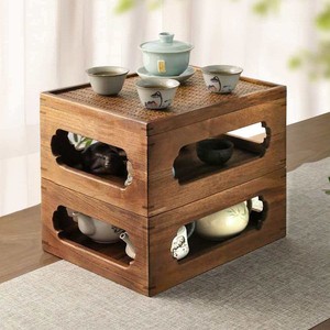 Table à thé de style chinois ajourée, plateau rectangulaire empilable en rotin avec rangement pour salon de thé ou bureau - Product Image 4