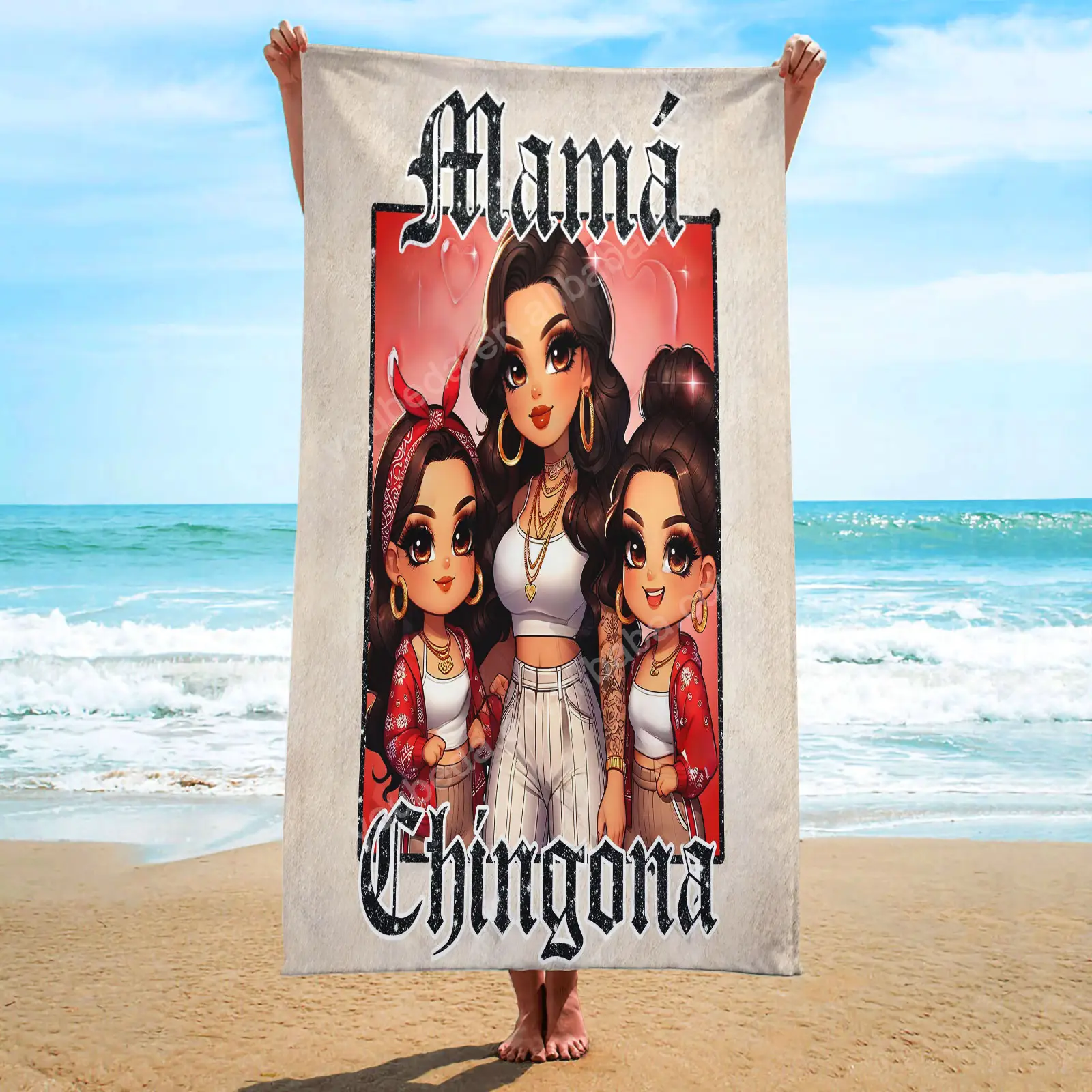 Produk populer 2024 disesuaikan mama chinggona Chicana ibu reaktif dicetak besar ukuran besar jacquard logo katun handuk pantai