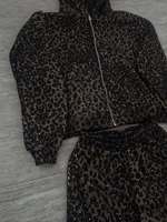 Ensemble de survêtement imprimé léopard guépard de qualité supérieure, logo personnalisé, streetwear, fermeture éclair en strass, survêtement 100% coton, survêtement noir