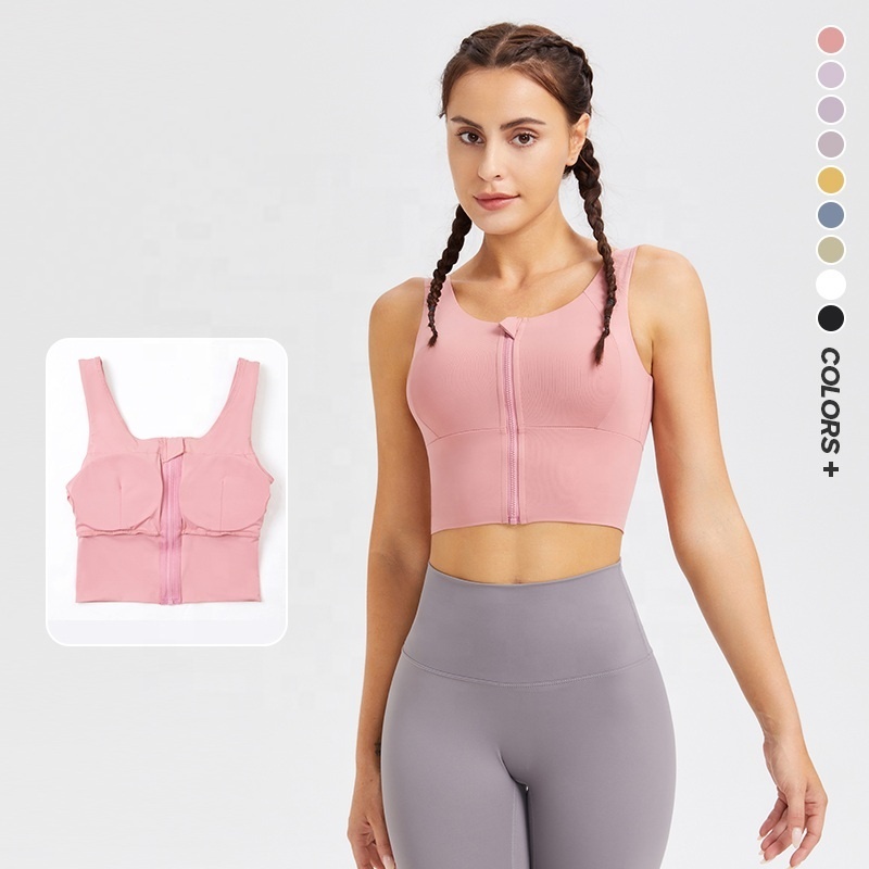 Wholesale Custom Logo Breathable Front Zip Workout Fitness Bra Solid Color Removable Chest Pad Push up Sports Yoga Bras