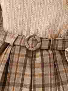 Conjunto de <span class=keywords><strong>2</strong></span> Piezas de Moda Casual para Niñas, Ropa Infantil con Mangas Largas, Cuello de Encaje, Falda Plisada a Cuadros, Boina y Cinturón - Product Image 5