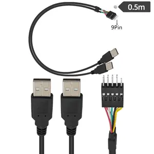Customized Factory 50cm 9Pin Motherboard Male Header to Dual USB 2.0 2* A Male Adapter Cable