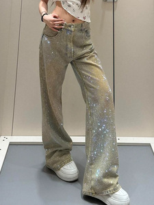 ZONA <span class=keywords><strong>Babe</strong></span> <span class=keywords><strong>Jean</strong></span> décontracté pour femme, coupe ample, taille mi-haute, motif diamant intégral, motif ciel étoilé personnalisé, jambe large, 100% coton, lavable - Product Image 2