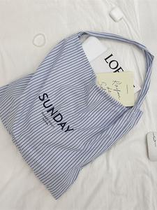 Bolsa de Mano Personalizada con Logotipo, de Algodón a Rayas, Reutilizable, de Lona, Ligera, Lavable, de Gran Capacidad, para Compras - Product Image 3