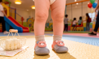 Chaussons-chaussettes bébé doux et confortables, color block rouge, blanc et bleu marine, avec imprimé ours 3D, semelle souple et antidérapante, pour premiers pas, vente en gros