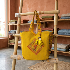 Yellow Bohemian Embroidered Canvas Tote <b>Bag</b> With Tassel Decor Large Capacity Handmade <b>Storage</b> <b>Bag</b> - Product Image 3