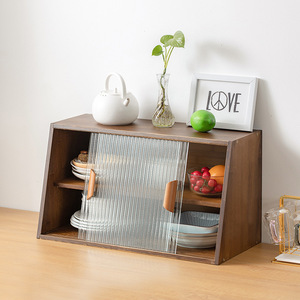New wooden tabletop <b>sideboard</b>, double-layer glass dish cabinet, kitchen countertop tea cabinet, <b>mini</b> coffee cabinet for home - Product Image 1
