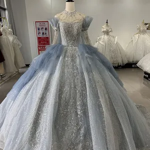 Yeni tasarım boncuk ve elmas mütevazı uzun kollu düğün elbisesi tozlu mavi balo elbisesi XS001