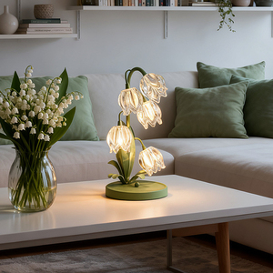 Lampe de table réglable en forme de fleur de cristal, E27 LED, commande par interrupteur, lumière blanche chaude douce, col flexible, abat-jour en verre noir, lampe en bois - Product Image 3