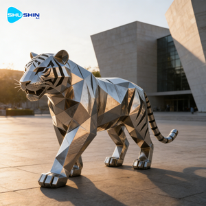 磨き上げられたステンレス鋼の虎の像、動物園の入り口装飾用、獰猛な野生動物をモチーフにした彫刻モデル - Product Image 1