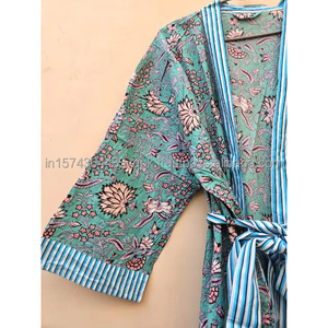 Kimono acolchado 100% algodón para mujer, largo, estampado a mano, suave, informal, para verano y primavera. - Product Image 4