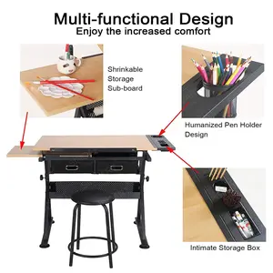 SINOART 2 Drawers Adjustable Tilting Drawing Table Wooden Drafting Drawing Table Architecture Drawing Table With Stool