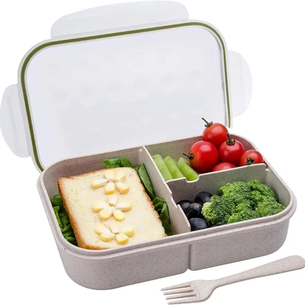 Japanese Wheat Straw Take Out Lunch Box With Fork And Spoon Adult Bento Box Square Compartment Storage Box