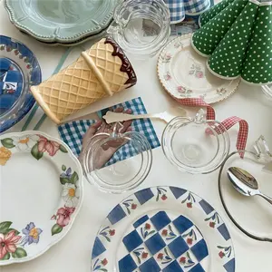 Синие 8-дюймовые стеклянные тарелки для стейка, винтажные стеклянные Тарелки и блюда для десертов с цветами