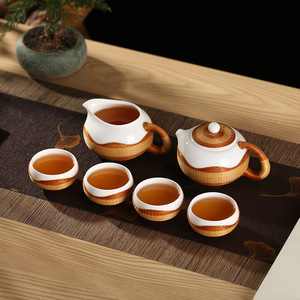 Handmade Bamboo Woven <b>Tea</b> <b>Set</b> Porcelain Teapot Xishi Style With Cups Gift Box - Product Image 1