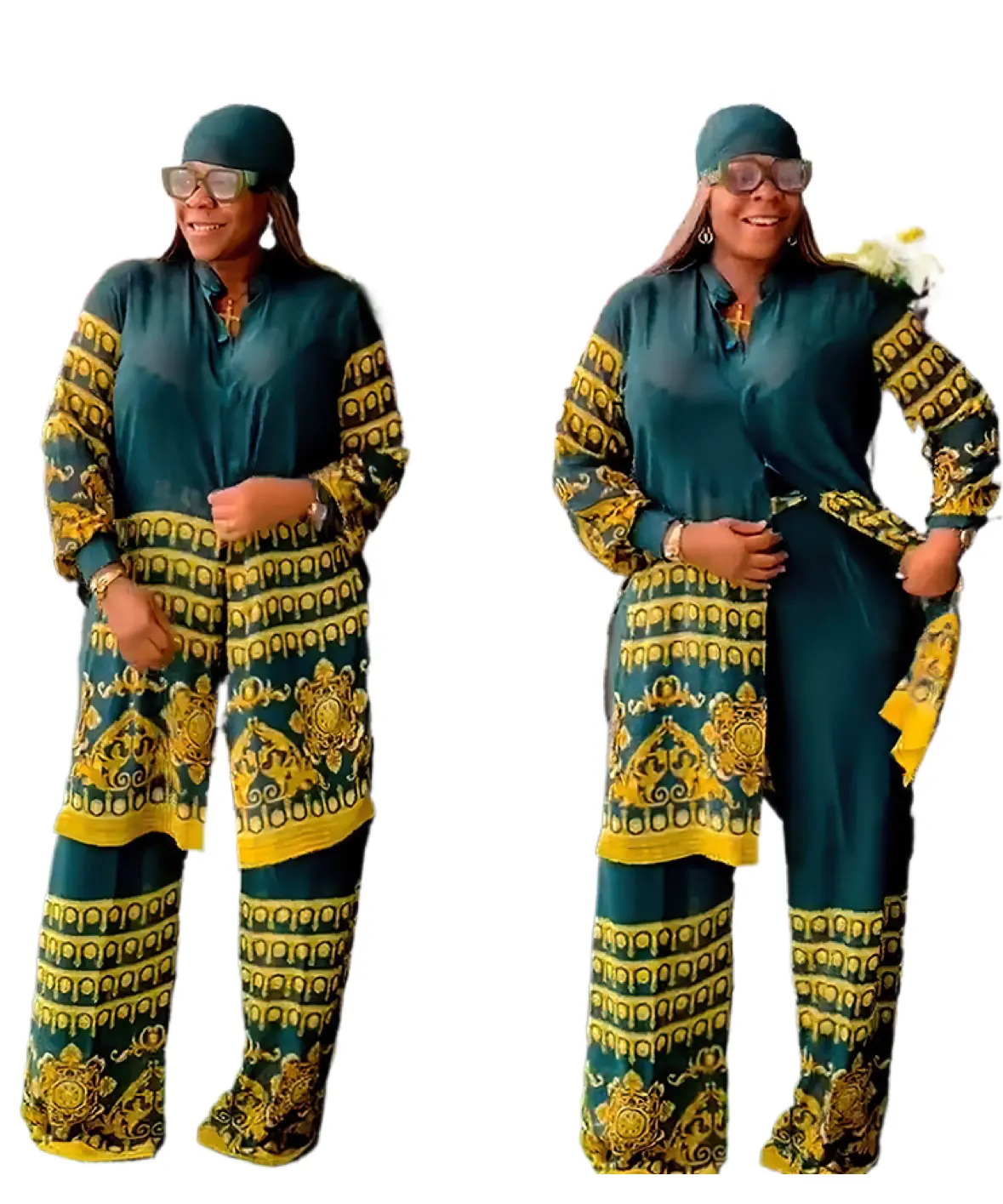 アフリカの夏のホットファッションシフォンブラウスとパンツグリーンセットプリントフローラルツーピース服スーツ女性用K0435