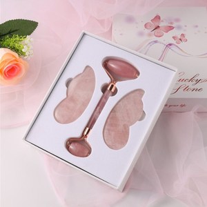 Rose Quartz Natural Jade Roller For Face Pink 3 in 1 set Body Double Slimming Massager Jade Roller Gua Sha Set - Product Image 2