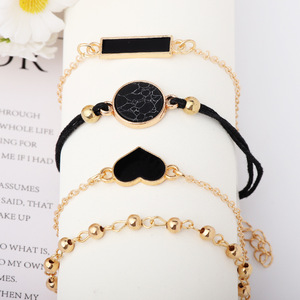 Heart <b>Black</b> Stone <b>Wrap</b> Bracelets Gold Plated Women's Trendy Everyday Wear 4pcs Set - Product Image 3