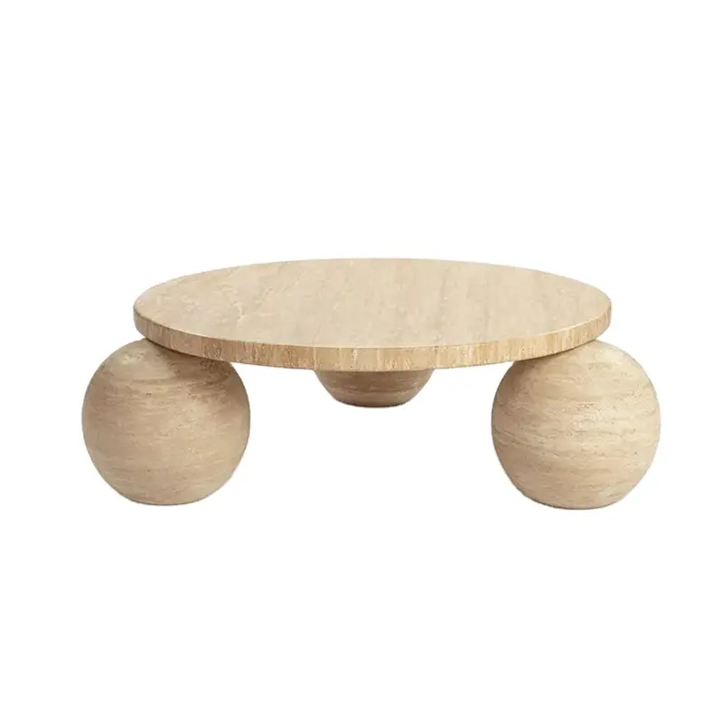 Table ronde personnalisée en travertin Amara avec base à 3 sphères Table basse