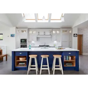 Armarios modulares para cocina, armarios de madera maciza con diseños de isla, color azul, superventas