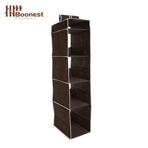 Space-Saving 5-Tier Hanging Closet <b>Shelves</b> | Brown Non-woven Wardrobe Organizer for Sweaters, Jeans - Product Image 4