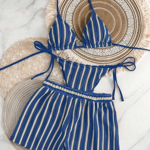 Conjunto de Traje de Baño de Tres Piezas a Cuadros de Ganchillo para Mujer, Ajuste Regular, Spandex/Algodón, Bikini Cruzado con Cuello Halter, Ropa de Playa para Natación - Product Image 1