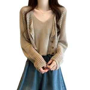 Cardigan en maille ajouré à manches longues Merlad pour femme, ensemble deux pièces printemps 2025, pull ample couleur unie, taille unique - Product Image 5