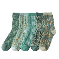 Coloré rétro Floral femmes chaussettes vert mince tricoté en relief absorbant la sueur respirant à la mode Floral rétro Design