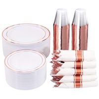 Ensemble de vaisselle jetable moderne LUYI en plastique avec bordure dorée, argentée et or rose pour les décorations de mariage et de fête