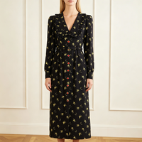 Robe longue florale vintage décontractée pour femme, à volants, col en V, manches longues bouffantes, ceinture et boutons sur le devant – Nouvelle collection très prisée