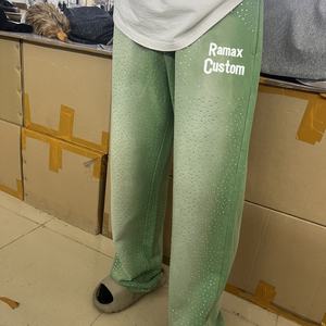 Pantalon de survêtement unisexe vintage évasé, délavé au soleil, effet vieilli, respirant, délavé à l'acide, orné de strass, couleur personnalisée, printemps - Product Image 2