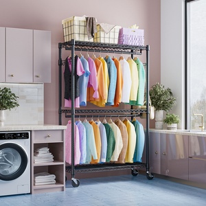 頑丈な調節可能な3層炭素鋼製ローリングガーメントラック、ロッド、サイドフック、ワードローブ収納、モダンブラック、バッグ取り外し可能 - Product Image 3