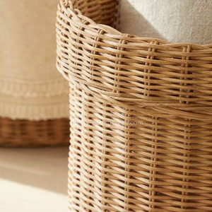 Lot de 3 paniers modernes en rotin naturel brun, bord pliable, artisanat en acier inoxydable, capacité 6-10L, vente en gros - Product Image 6