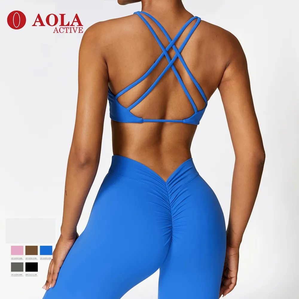 AOLA-Conjunto de Leggings de Color Liso con Letras Estampadas, Ropa Sexy sin Costuras para Yoga, Ropa Deportiva con Espalda en V, 2 Piezas