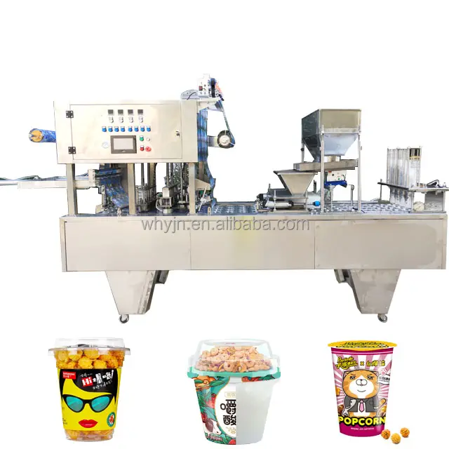 Disetujui CE Keripik Kentang Popcorn Plastik Kertas Cup Otomatis Mengisi dan Menyegel Mesin Produsen Mesin