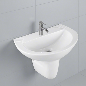 Budget Friendly 9L Capacity <b>Wall</b> Suspended Half Pedestal Ceramic Wash Basin Sink For Commercial Mall - Product Image 3