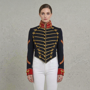 Blue Double Breasted Shirt <b>Jacket</b> <b>Mandarin</b> <b>Collar</b> Gold Buttons Formal Winter Wear Regular Fit Polyester Material - Product Image 1